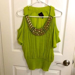 Bebe green open-shoulder beaded top